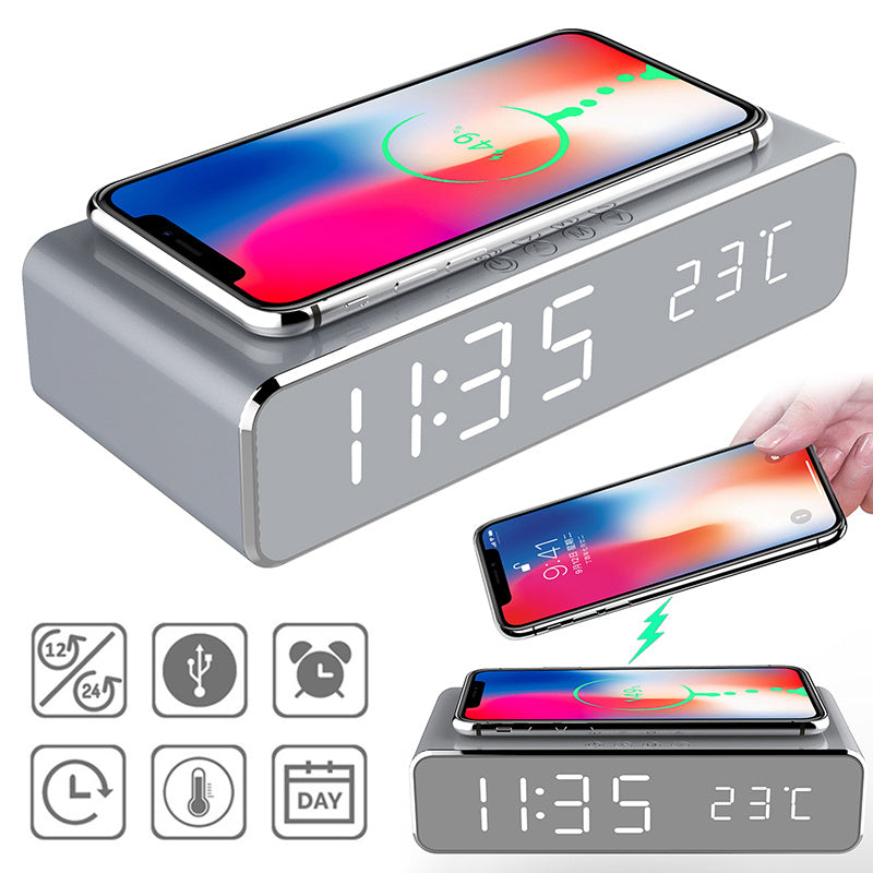 LED Electric Alarm Clock With Wireless Charger & Digital Clock